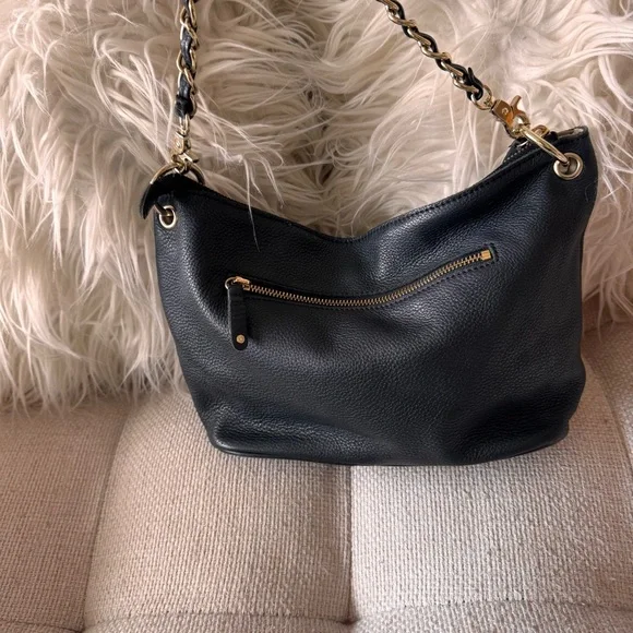 Nolley’s Japan Black Pebbled Leather Shoulder Bag - Minimalist Gold Chain - Picture 2 of 9